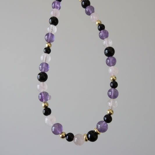 Rose Quartz Amethyst Black Tourmaline Gemstone Necklace