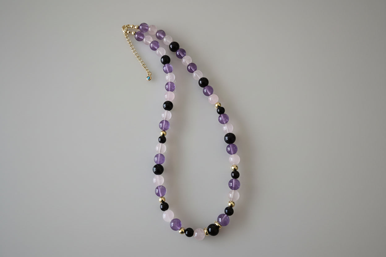Rose Quartz Amethyst Black Tourmaline Gemstone Necklace
