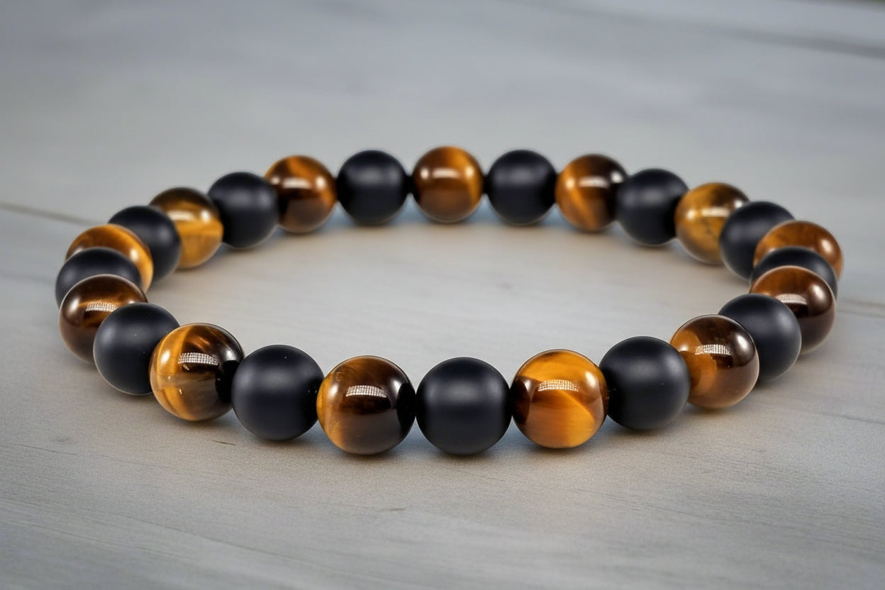 Matte Black Agate & Tigers Eye Bracelet