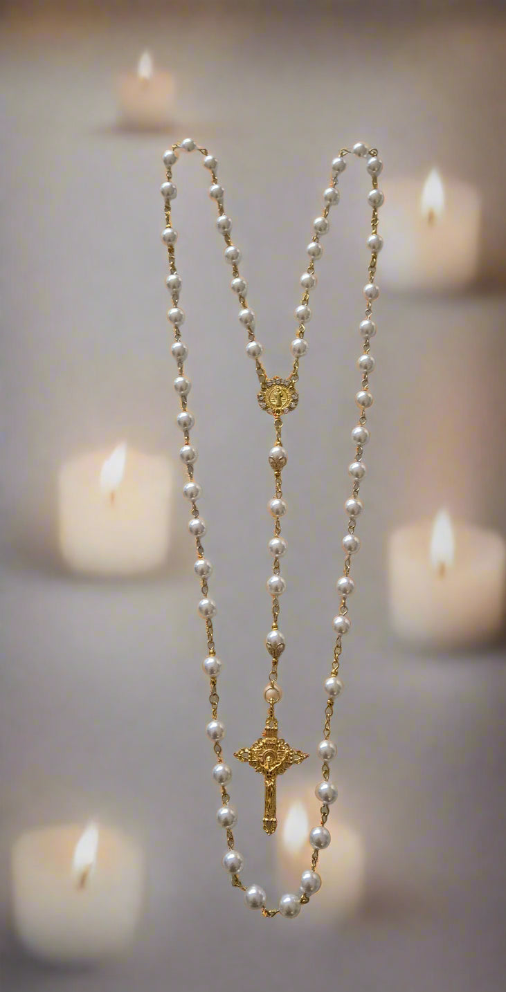 Rosary White Glass Pearl