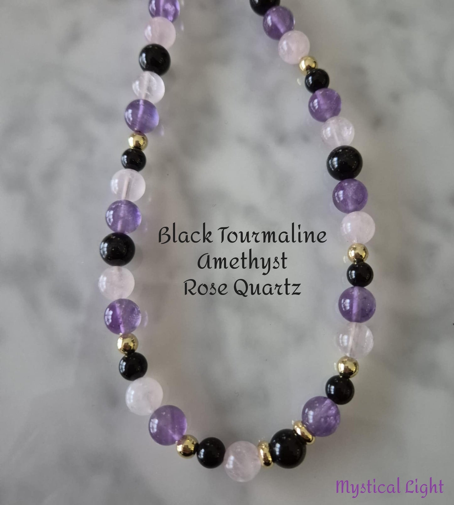 Rose Quartz Amethyst Black Tourmaline Gemstone Necklace