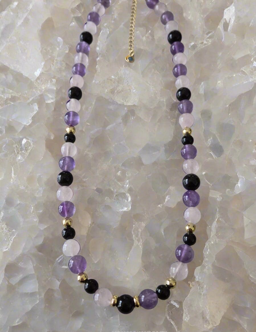 Rose Quartz Amethyst Black Tourmaline Gemstone Necklace
